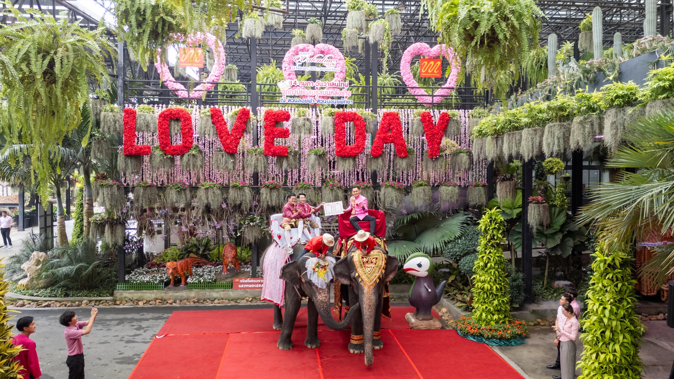For the first year, Nongnooch Pattaya Garden organizes marriage registration on elephants, celebrating equal marriages, LGBTQ+ couples flock to join, creating excitement for those who attended the event..