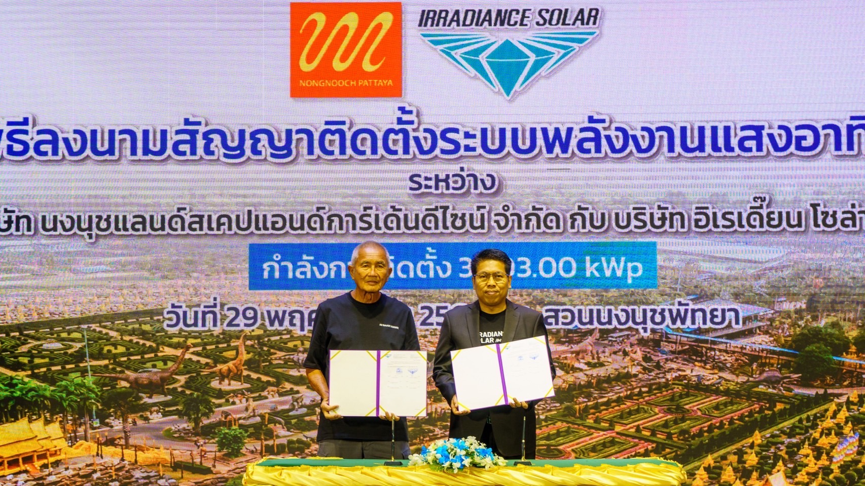 Nongnooch Garden Pattaya invests over 60 million baht in a 3.5-MW solar rooftop system and solar-powered parking area to promote green tourism, reduce carbon emissions, and provide EV charging stations.